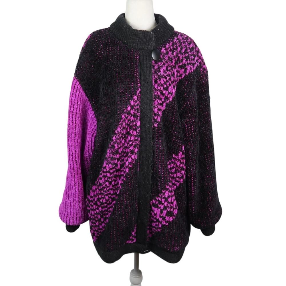 Vintage 80s Karizma Purple and Black Stripe Chenille Knit Cardigan Sweater M